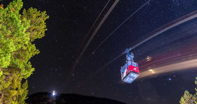 Jasper SkyTram travelling along tramway at night