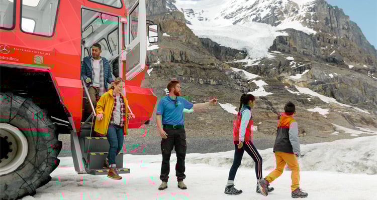 People exiting the Icefield Adventure onto the Athabasca Glacier