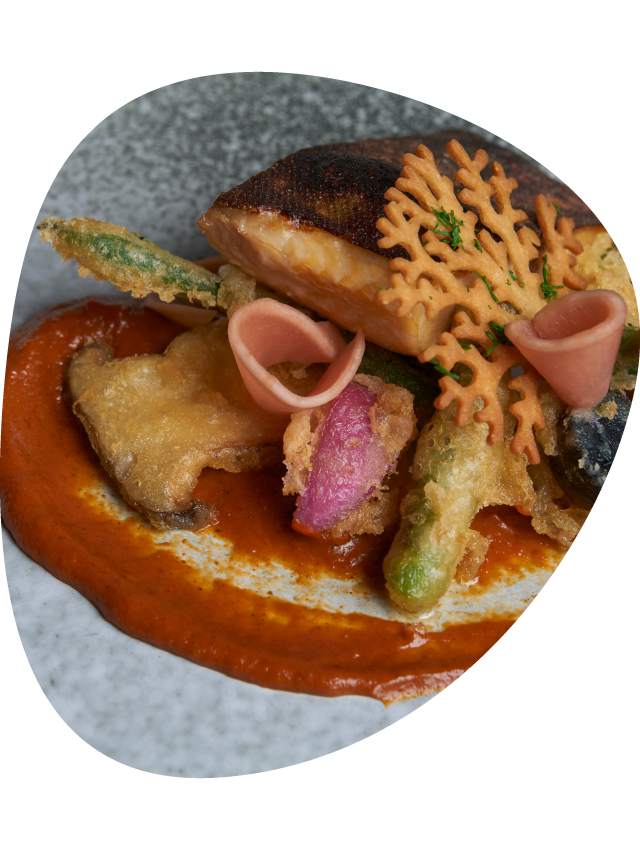Seafood dish on a dinner plate.