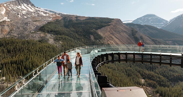 A family walking on the Columbia Icefield Skywalk above a large forested valley.