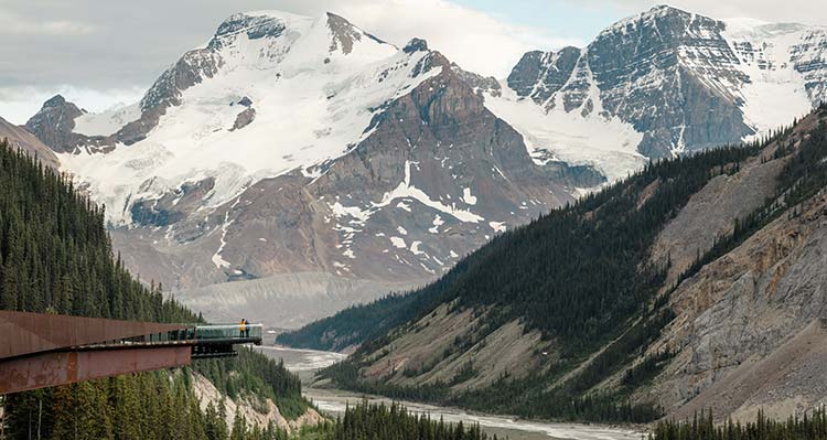 Columbia Icefields and surrounding mountains, with the Skywalk seen in the left hand side.