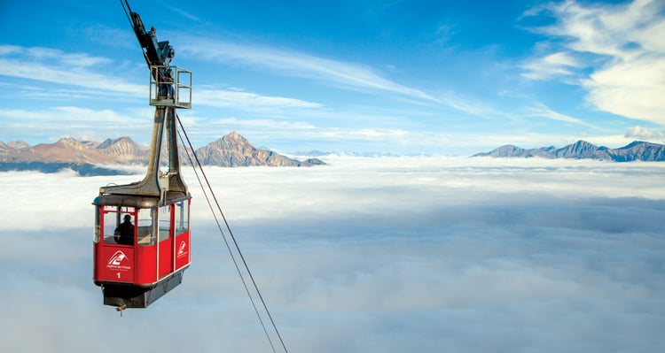 Jasper SkyTram travelling up Tramway above the clouds