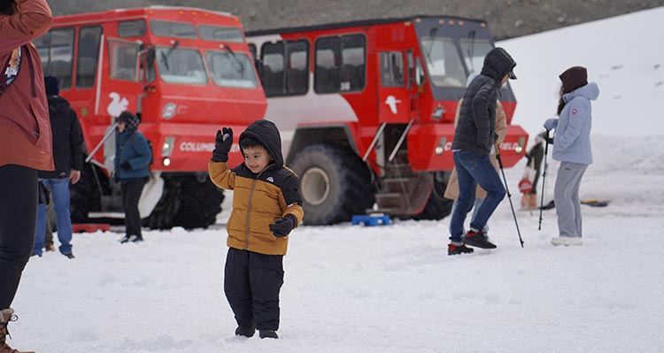 A child on a glacier near large red Ice Explorer vehicles.