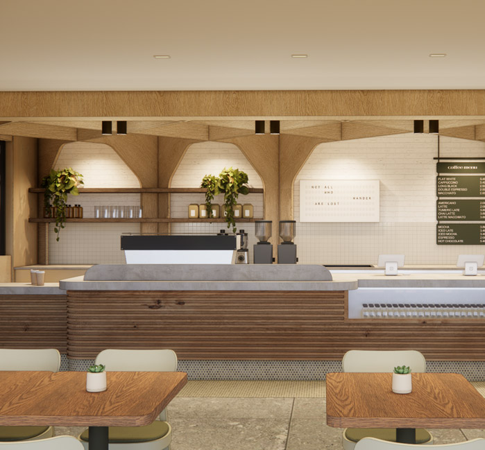 A rendering of the Aspen Grove Café seating and bar area.