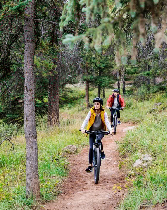 Two people biking on a trail in the forest