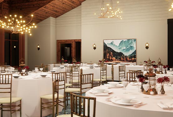 A rendering of a dining room set up for a group party.