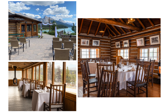 A collage showing the wedding set up at Maligne Lake.