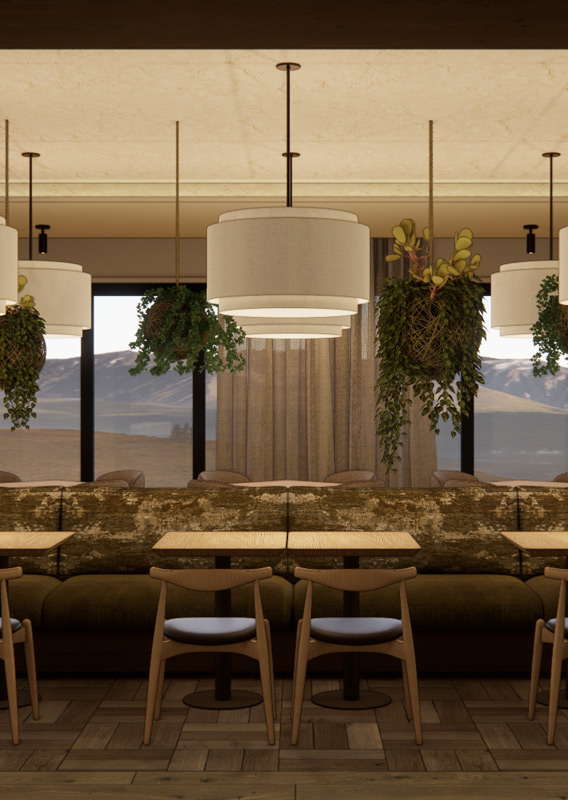 A rendering of the Boreal Restaurant dining tables with booths.