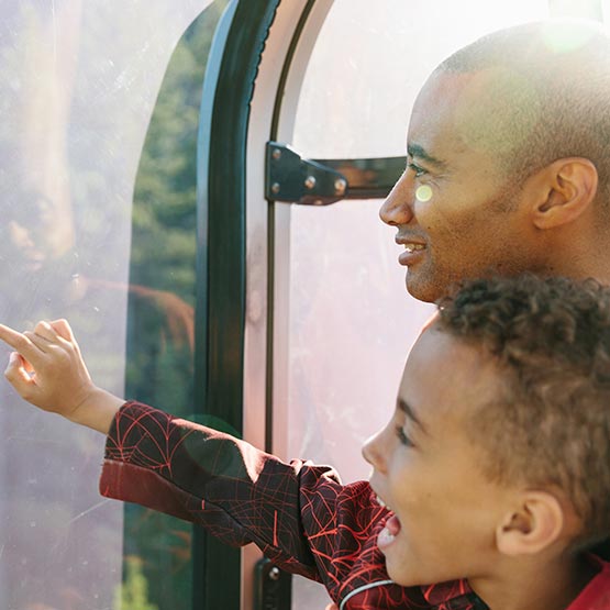 A parent and kid in a gondola cabin.
