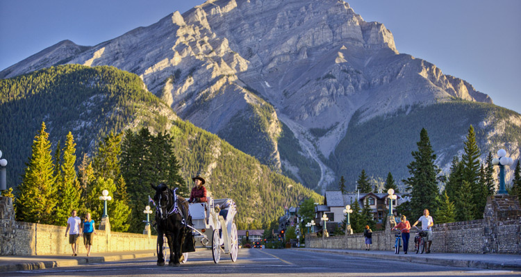 Horse carriage travelling through downtown Banff