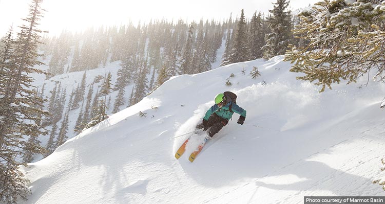 A skier carves a turn down a snowy slope.