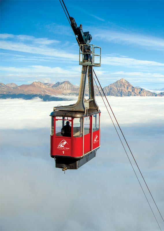 A red aerial tramway ascends up its cable high above a forested valley.