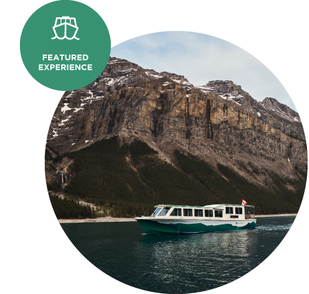 The Lake Minnewanka Premium Boat Cruise sailing past a mountain along the coastline.
