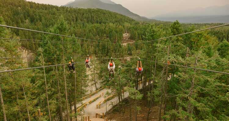 People ziplining over the canyon at Golden Skybridge