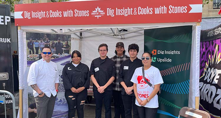 A group of young chefs pose under a tent with a sign that says "Dig Insight & Cooks with Stones"