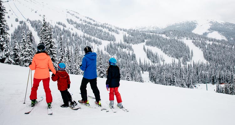 A family skiiing outdoors from the back.