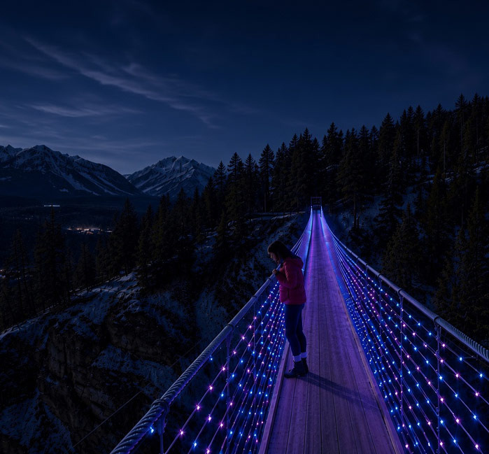 A person looking at the view from a suspension bridge that is lit up with lights at night.