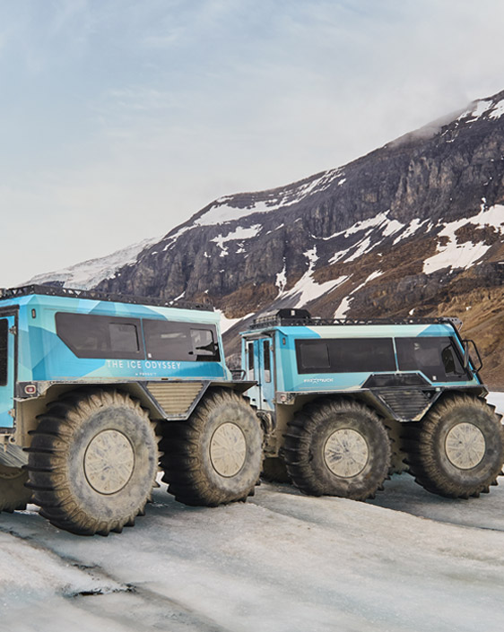 An Ice Odyssey vehicle parked on the Athabasca Glacier at the Columbia Icefield.
