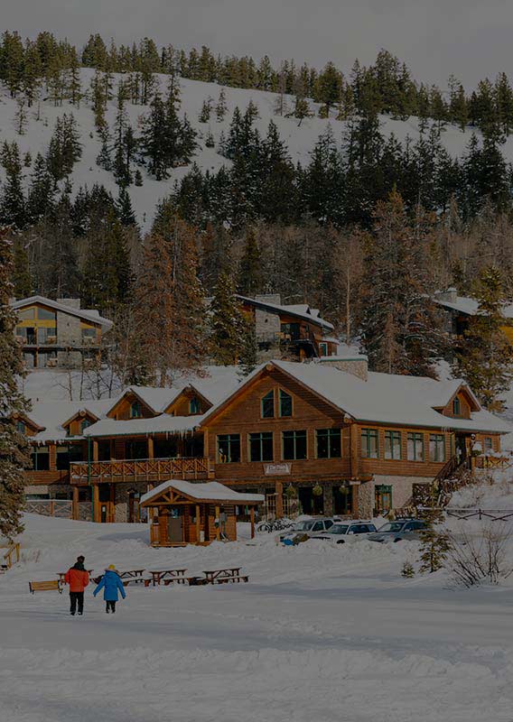 A wooden lodge hotel between a forest and a frozen lake.