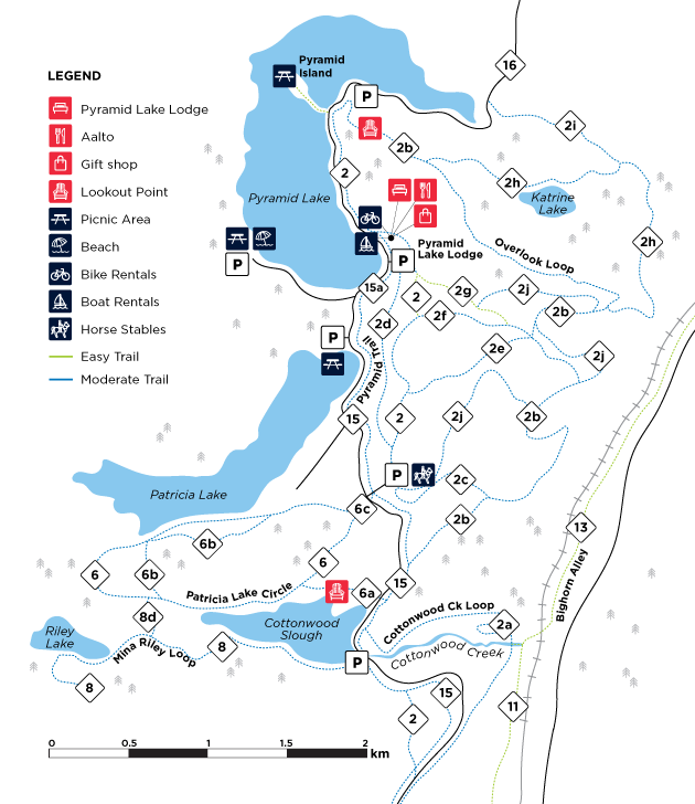 Map showing hiking trails around Pyramid Lake, Jasper.