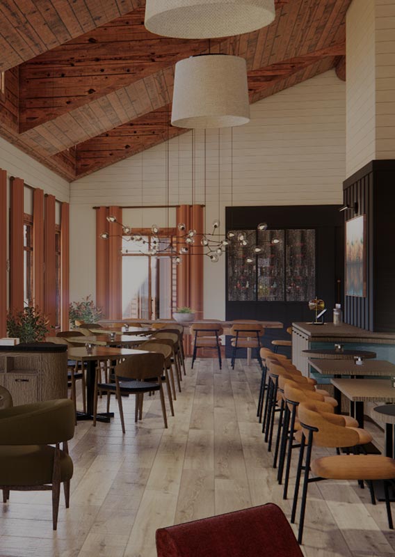 An architectural rendering of a restaurant and bar interior.