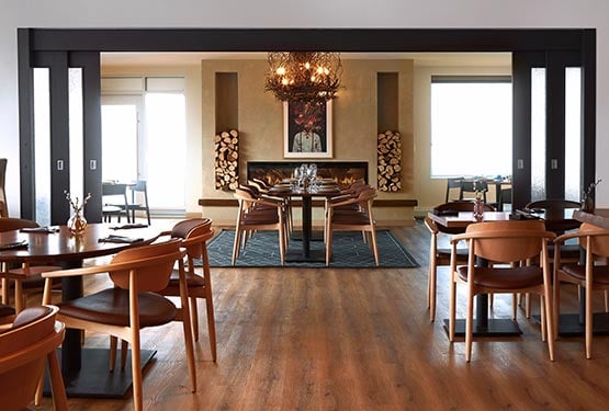 A view into the private dining room at a restaurant.