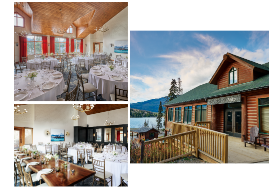 A collage of pictures showing a restaurant set up for a wedding.