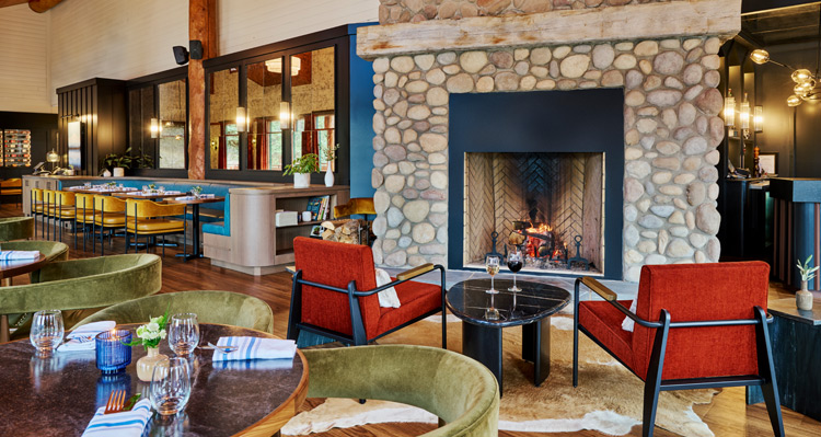 Interior view of Aalto dining room, bar and fireplace