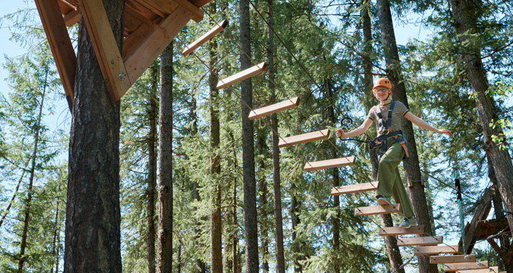 A young person climbing the Golden Skybridge Challenge Course.