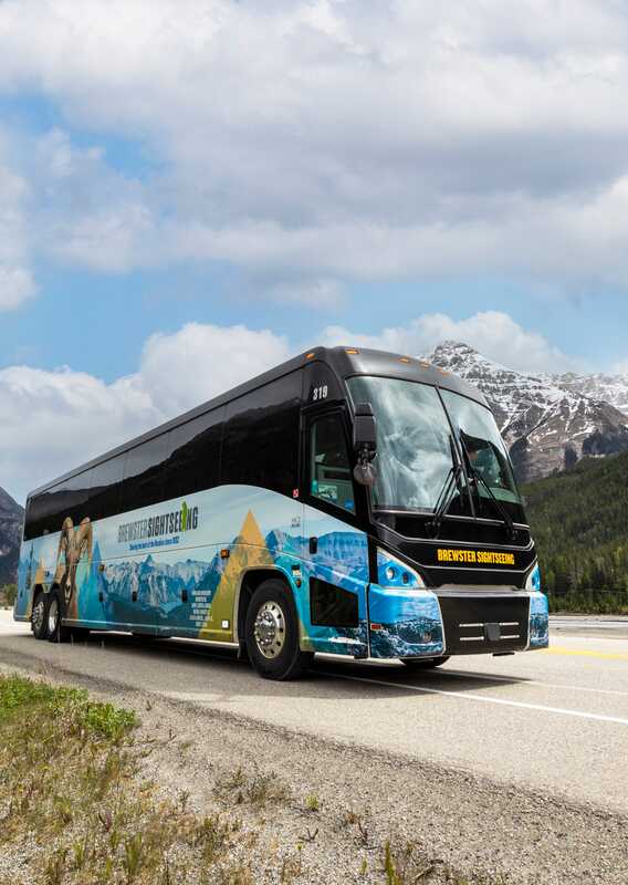 A close-up view of a coach bus on an open road.