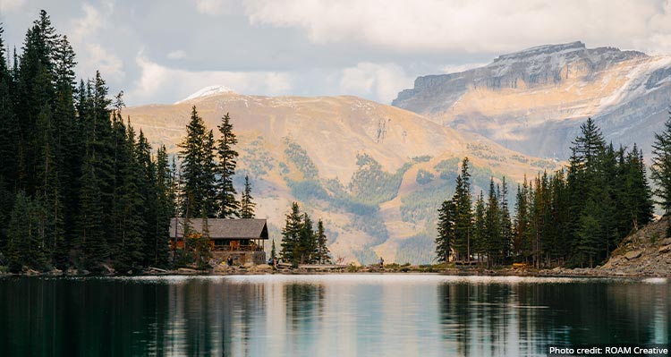 A calm lake and a wooden cabin.