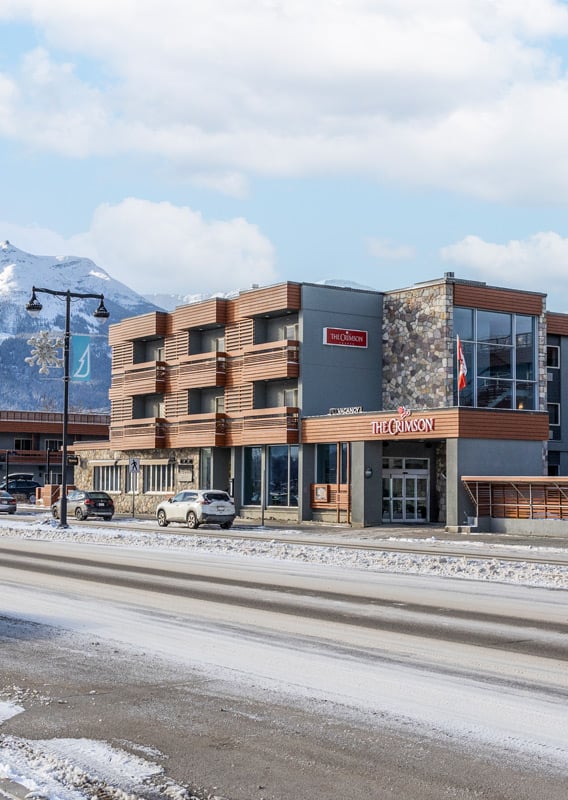 An exterior view of The Crimson in winter